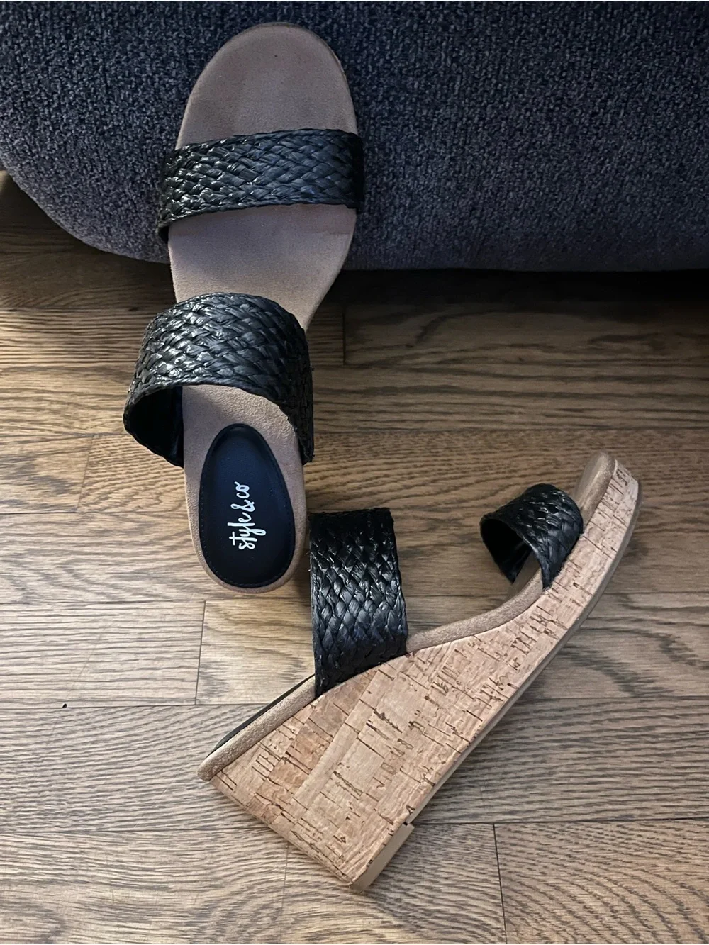 Style&Co. Black Woven Double-Strap Cork Wedge Sandals